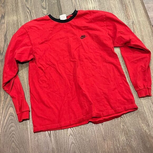 Nike Long Sleeve Tee Crew Neck Embroidered Logo Cotton Pullover Red Black Large - Picture 1 of 5